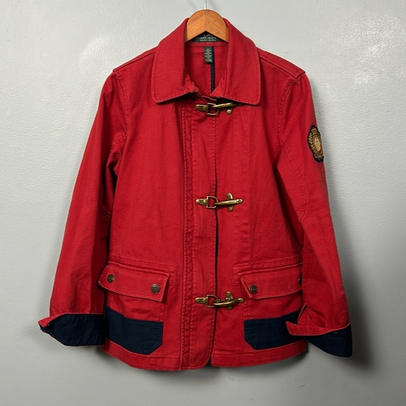 Lauren Jeans Red Denim Jacket with Brass lobster Closure M vintage barn parka - Picture 1 of 16